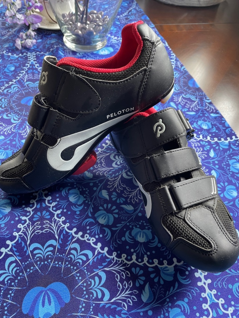 Peloton Black and Red Cycling Sneakers Triple Velcro Straps